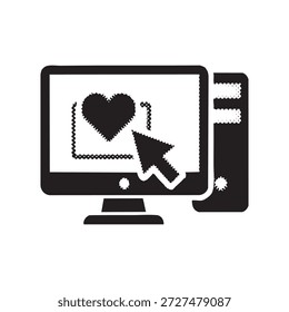 A minimalist vector illustration of a computer screen displaying a heart icon with a cursor pointing to it.
