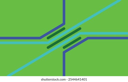 Ilustração vetorial minimalista com linhas contrastantes em ciano, azul e verde escuro em um fundo verde, criando uma sensação nervosa, ideal para projetos de cartazes, cartões de presente e banners digitais