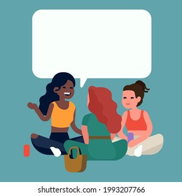 Minimalist vector illustration with copy space on best friends spending time together with empty conversation bubble. Young women having picnic together talking about something