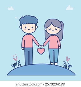 A minimalist vector illustration of a couple holding hands, wearing simple pastel-colored outfits, standing on a small hill with a red heart icon between them.