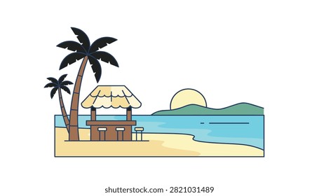 Minimalist vector illustration of a cozy tropical beach bar under palm trees with a beautiful setting sun on the horizon.
