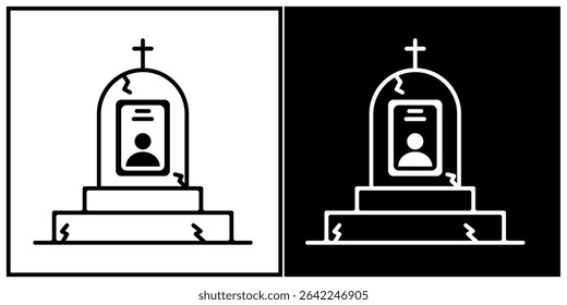 Minimalist vector illustration of a cracked gravestone with a cross and portrait frame, shown in black and white versions, symbolizing death, memory, and mourning in a simple graphic style.