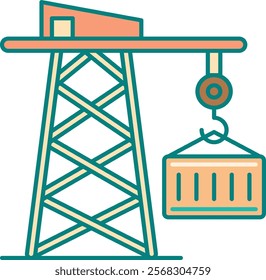 Minimalist vector illustration of a crane lifting a container, symbolizing construction and industrial work. Ideal for engineering, logistics, and building-themed designs and materials