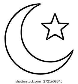 Minimalist vector illustration of a crescent moon and a five-pointed star, symbolizing celestial bodies and religious iconography.
