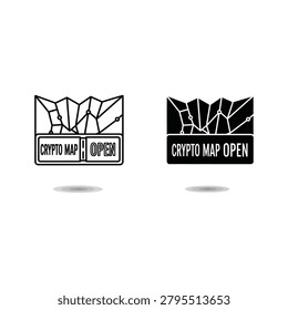 Minimalist vector illustration of a crypto map opening with binary code and digital currency symbols in black and white outline style.