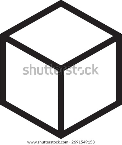 A minimalist vector illustration of a cube shown in an isometric perspective. The icon features clean black lines creating a three dimensional box shape.
