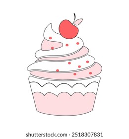 A minimalist vector illustration of a cupcake topped with a cherry and swirled frosting. Perfect for bakery designs, dessert menus, or sweet treat-themed content...