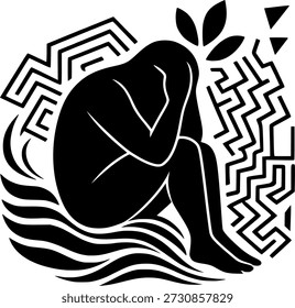 A minimalist vector illustration of a curled figure shielding their head, surrounded by abstract geometric waves and fragmented labyrinth lines. The stylized silhouette features anatomically accurate hands and clean contours, evoking themes of anxiety, fragility, and emotional entrapment. Flowing petals morph into fractured shards, symbolizing the disintegration of inner calm. Designed for museum-quality presentation and psychological resonance.