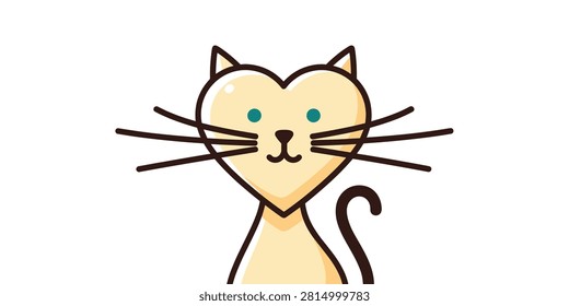 A minimalist vector illustration of a cute cat with a heart-shaped head and long whiskers on a white background.