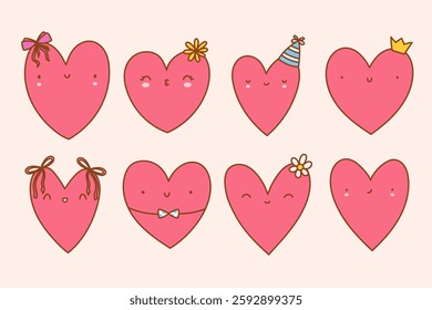 A minimalist vector illustration of cute pink hearts with different emotions and accessories like bows, flowers, and party hats. Sweet and playful, it adds a charming and cheerful touch to any design