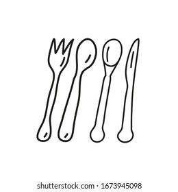 Ilustración vectorial minimalista de cubiertos. Horquilla, Cuchara, Cuchilla. Cocina. Dibujo de líneas en blanco y negro.