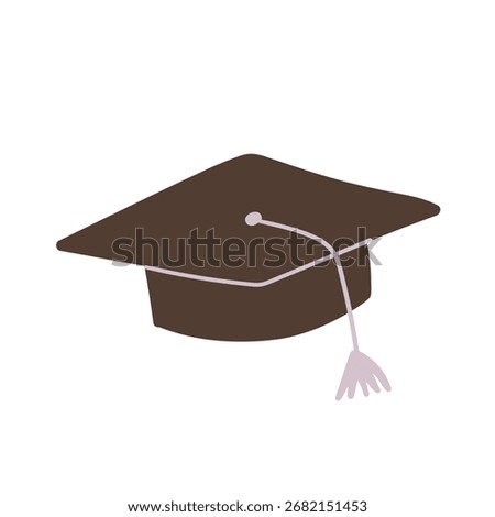 Minimalist vector illustration of a dark brown graduation cap with a light purple tassel. Academic achievement celebration icon. Flat simple hand drawn doodle design.