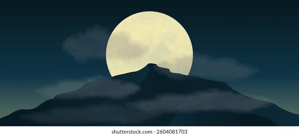 Minimalist vector illustration of a dark mountain silhouette against a full moon night sky with subtle misty clouds. Atmospheric nature landscape, perfect for backgrounds and design projects