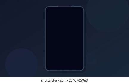 A minimalist vector illustration of a dark smartphone with a blank screen centered on a navy blue gradient background featuring subtle bokeh circles and soft lighting effects.