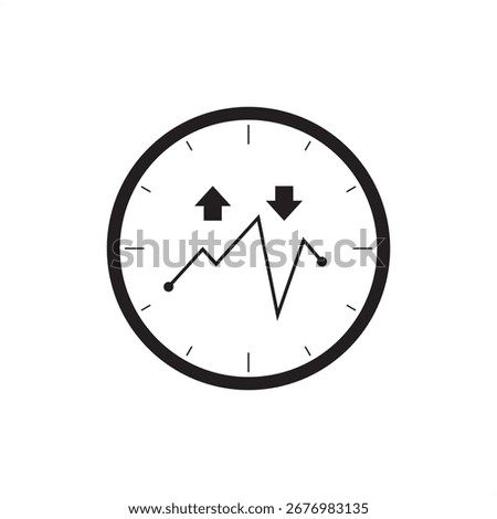 Minimalist vector illustration of day trading concept with stock chart inside a clock, symbolizing short-term trades, market volatility, and fast decision-making in finance and investment themes.