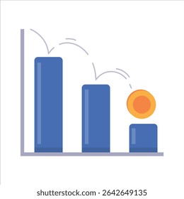 Ilustração de vetor minimalista de um gráfico de barras em declínio com moeda saltitante indicando desaceleração econômica
