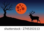 Minimalist vector illustration of a deer in the wild at night with a giant blood moon and silhouette of a dead tree.