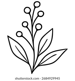 Ilustração vetorial minimalista de um ramo delicado com bagas redondas e folhas estilizadas, isoladas em um fundo branco.