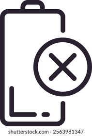 Minimalist vector illustration depicting a battery icon with a cross symbol, representing a state of low or no power, emphasizing the concept of energy depletion in electronic devices