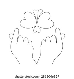 A minimalist vector illustration depicting a butterfly being gently held in two hands, rendered as a continuous line drawing on a white background.