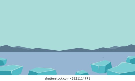 A minimalist vector illustration depicting a calm lake with floating ice blocks against a distant mountain range under a clear sky.