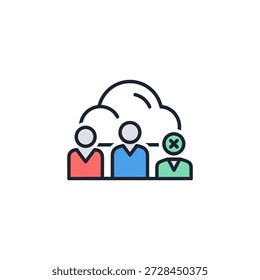 Una Ilustración vectorial minimalista que representa una nube con tres figuras interconectadas, cada una representada por diferentes colores. Ideal para conceptos de trabajo en equipo, colaboración y tecnología.