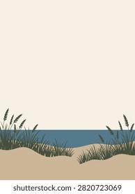 Minimalist vector illustration depicting coastal sand dunes with green grass overlooking a serene blue ocean under a clear neutral sky.