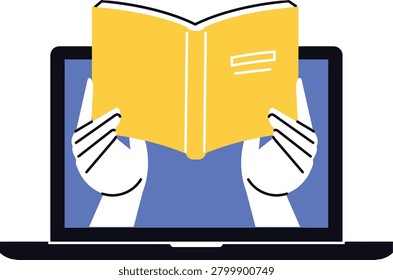 A minimalist vector illustration depicting the concept of online reading or e-learning. Two hands are shown holding an open yellow book, seemingly emerging from or displayed on a laptop's blue screen.