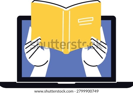 A minimalist vector illustration depicting the concept of online reading or e-learning. Two hands are shown holding an open yellow book, seemingly emerging from or displayed on a laptop's blue screen.