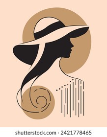 Minimalist vector illustration depicting an elegant silhouette of a woman in hat