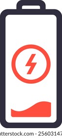 Minimalist vector illustration depicting a low charge battery with a lightning bolt inside a red circle on a clean white background, perfect for technology and energy themes