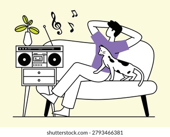 Minimalist vector illustration depicting man resting comfortably on couch with cat. Person enjoying leisure time with vintage radio and house plant in cozy interior setting. Flat design style.