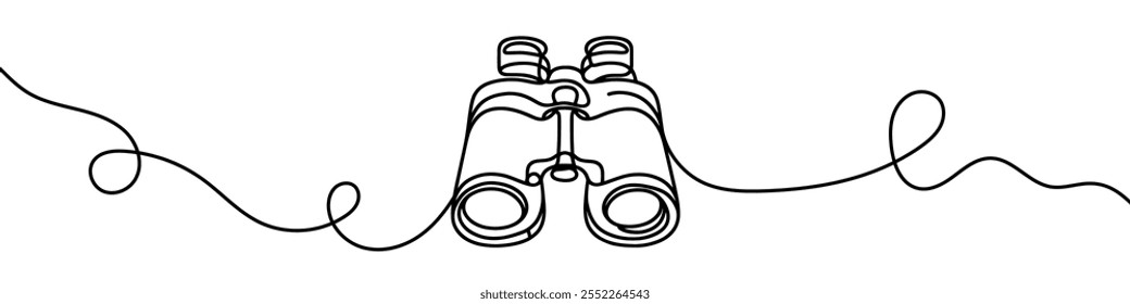 Minimalist vector illustration depicting a pair of binoculars, drawn with a single unbroken line