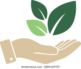 A minimalist vector illustration depicting a stylized, open hand gently cradling or presenting three organic leaves. The design features a harmonious contrast between the warm-toned, supportive hand and the fresh, cool-toned green foliage, symbolizing growth, environmental protection, and human responsibility toward the planet. This universal icon perfectly represents sustainability, organic farming, natural wellness, ecology, earth conservation efforts, renewable energy, and ethical lifestyle choices. Isolated on a plain background, it serves as an ideal graphic asset for non-profit environmental websites, eco-branded product packaging, sustainable corporate social responsibility (CSR) reports, wellness apps, and organic agriculture marketing materials. Fully scalable EPS vector format.