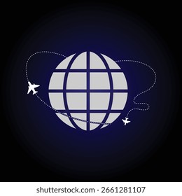 Ilustração vetorial minimalista representando dois aviões voando ao longo de trilhas pontilhadas ao redor de um globo estilizado, representando viagens globais e interconectividade.