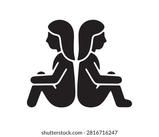 A minimalist vector illustration depicting two sisters sitting back-to-back, rendered as a striking black silhouette against a white background. This image represents sisterhood and familial bonds.