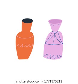 Minimalist vector illustration. Depiction of ceramic vases with different ornaments. Home decoration. Vessels for flowers.