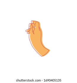 Minimalist vector illustration. Depiction of a hand in yellow color. Palm with red elements. Gesture.