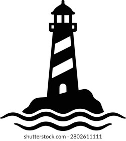 Minimalist vector illustration depicts a bold black lighthouse perched upon a rocky outcrop surrounded by stylized ocean waves for professional maritime design.