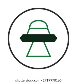 Una Ilustración vectorial minimalista representa una nave espacial extraterrestre estilizada dentro de un círculo. El diseño presenta líneas limpias y una paleta de colores simple, lo que sugiere temas de exploración espacial,