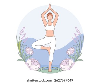 Uma ilustração vetorial minimalista representa. Mulher meditando em ioga pacífica e estilo de vida saudável Meditação Pessoas Pose Relaxamento Espiritual