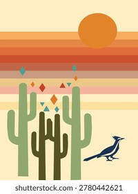 A minimalist vector illustration of a desert landscape featuring saguaro cacti, a stylized bird, and a sunset with geometric floating shapes.
