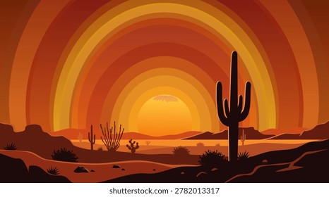 A minimalist vector illustration of a desert landscape at sunset. Concentric semi-circular bands creating a vibrant sky gradient. A large saguaro cactus standing prominently in the foreground. Rolling desert hills silhouetted against the bright sun. Smaller desert plants scattered across the sandy terrain. Warm earth tones dominating the color palette. Desert sunset vector. Saguaro cactus silhouette in foreground. Concentric sky gradient. Warm orange and brown tones. Minimalist landscape design