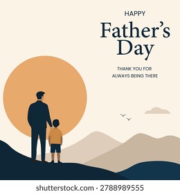 A minimalist vector illustration designed for Happy Father's Day celebrations, greeting cards, and social media posts. The image features a touching silhouette of a father and his young son standing side-by-side on a hill, looking out towards a large, warm orange sun setting behind rolling mountains. The father is dressed in a dark blue suit, while the son wears a yellow shirt and dark shorts, capturing a beautiful moment of connection and guidance. The background is a clean, beige colour palette with soft hills, a single cloud, and distant birds flying in the sky. Elegantly written in a classic serif font in the upper right corner is the text 
