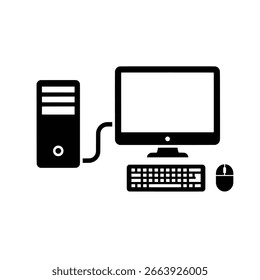 Una Ilustración vectorial minimalista de una configuración de computadora de escritorio, que incluye un monitor, un teclado, un mouse y una torre, aislados sobre un fondo blanco limpio. Perfecto para temas de tecnología.