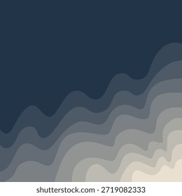 Ilustración vectorial minimalista de líneas onduladas diagonales en tonos azul marino monocromático a gris claro. Formas orgánicas suaves con una transición limpia. Perfecto para encabezado de Web, fondo de interfaz de usuario App y material de marca sofisticado.