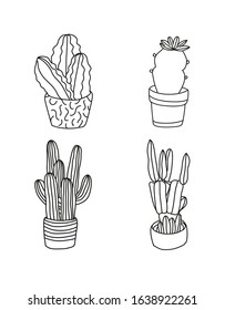 Minimalist vector illustration with different cactuses. Collection of succulents in pots. Black and white line drawing.