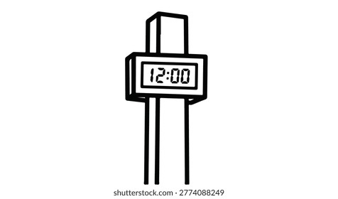 Minimalist vector illustration of a digital clock on a pole at noon.