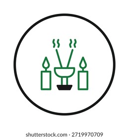 Una Ilustración vectorial minimalista que muestra dos velas encendidas en verde, un cáliz e incienso aromático, todo meticulosamente ambientado dentro de un marco circular. Representa la espiritualidad, la tranquilidad y la