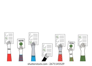 Ilustración vectorial minimalista de manos diversas que sostienen boletas de votación con marcas de verificación en el fondo blanco, concepto de elección, democracia y participación cívica.